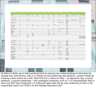 At Nokia in Berlin we’ve been working hard to improve our understanding of what data we
already own. Josh Devins, who is in charge of data gathering and analytics, started simple by
creating a data matrix on a wiki. Each line lists a source of data - an appserver log, a mysql
database, a partner datadump - and catalogues attributes such as “is it timestamped? does it
have user IDs? how frequently is it collected? what date did we start collecting it? who is the
responsible team? can I ﬁnd it on the Hadoop ﬁlesystem yet?”
 