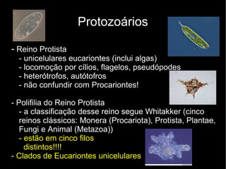 Protozoários
- Reino Protista
- unicelulares eucariontes (inclui algas)
- locomoção por cílios, flagelos, pseudópodes
- heterótrofos, autótofros
- não confundir com Procariontes!
- Polifilia do Reino Protista
- a classificação desse reino segue Whitakker (cinco
reinos clássicos: Monera (Procariota), Protista, Plantae,
Fungi e Animal (Metazoa))
- estão em cinco filos
distintos!!!!
- Clados de Eucariontes unicelulares
 