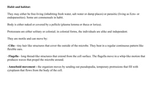 Habit and habitat:
They may either be free-living (inhabiting fresh water, salt water or damp places) or parasitic (living as Ecto- or
endoparasities). Some are commensals in habit.
Body is either naked or covered by a pellicle (plasma lemma or theca or lorica).
Protozoans are either solitary or colonial; in colonial forms, the individuals are alike and independent.
They are motile and can move by:
• Cilia - tiny hair like structures that cover the outside of the microbe. They beat in a regular continuous pattern like
flexible oars.
• Flagella - long thread-like structures that extend from the cell surface. The flagella move in a whip-like motion that
produces waves that propel the microbe around.
• Amoeboid movement - the organism moves by sending out pseudopodia, temporary protrusions that fill with
cytoplasm that flows from the body of the cell.
 