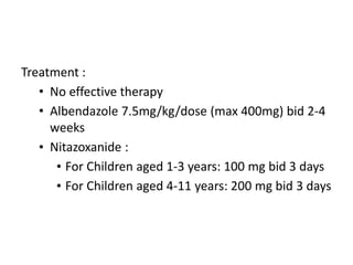 Treatment :
• No effective therapy
• Albendazole 7.5mg/kg/dose (max 400mg) bid 2-4
weeks
• Nitazoxanide :
• For Children aged 1-3 years: 100 mg bid 3 days
• For Children aged 4-11 years: 200 mg bid 3 days
 