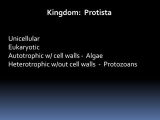 Kingdom: Protista
Unicellular
Eukaryotic
Autotrophic w/ cell walls - Algae
Heterotrophic w/out cell walls - Protozoans
 