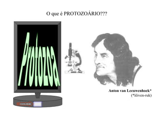 Protozoa CLICK HERE Anton van Leeuwenhoek* (*lêiven-ruk) O que é PROTOZOÁRIO??? 