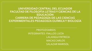 UNIVERSIDAD CENTRAL DEL ECUADOR
FACULTAD DE FILOSOFÍA LETRASY CIENCIAS DE LA
EDUCACIÓN
CARRERA DE PEDAGOGÍA DE LAS CIENCIAS
EXPERIMENTALES PEDAGOGÍA QUÍMICAY BIOLOGÍA
PROTOZOARIOS
INTEGRANTES: FIALLOS LUCÍA
LALANGUI PATRICIA
MACAS CARLOS
SALAZAR MARISOL
 