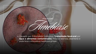Amebíase
Protozooses:
Causada por Entamoeba histolytica. Transmissão fecal-oral por
água e alimentos contaminados. Provoca diarreia, disenteria e
pode levar a abscessos hepáticos graves.
 