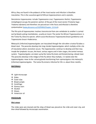 Africa, they are found in the proboscis of the insect vector and infection is therefore 
inoculative. This is the causative agent of African trypanosomiasis and is zoonotic. 
Stercolarian trypanosomes include Trypanosoma cruzi, Trypanosoma theileri, Trypanosoma 
melophagium occupy the posterior portion of the gut of the insect vector (Triatoma bugs - 
Triatoma infestans) and therefore are passed out in the feces and infection is therefore 
contaminative (www.phsource.us/US/PARA/Chapter_11.htm). 
The life cycle of trypanosomes involves transmission from one vertebrate to another is carried 
out by blood-sucking invertebrates, usually an insect. The vector for African Trypanosomiasis is 
the Tsetse fly, Glossina species. which cause the diseases Trypanosoma brucei gambiense and 
Trypanosoma brucei rhodesiense. 
Metacyclic (infective) trypomastigotes are inoculated through the skin when a tsetse fly takes a 
blood meal. The parasites develop into long slender trypomastigotes which multiply at the site 
of inoculation where ulceration occurs. The trypanosomes continue to develop and then may 
invade the lymphatic tissues, the heart, various organs and in later stages, the central nervous 
system. Trypomastigotes are taken up by the tsetse fly (male and female) during a blood meal. 
The parasites develop in the midgut of the fly where they multiply. 2-3 weeks later the 
trypomastigotes move to the salivary glands transforming from epimastigotes into metacyclic 
(infective) trypomastigotes. The tsetse fly remains infective for life i.e. about three months. 
MATERIALS 
 Light microscope 
 Slides 
 Cover slips 
 Blood sample 
 Centrifuge 
 Giemsa stain 
 Alcohol 
 Gloves 
 Immersion oil 
PROCEDURE 
Wet smear 
The slides were pre-cleaned and the drop of blood was placed on the slide and cover slip, and 
then dried followed by microscopic examination. 
 