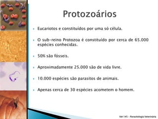    Eucariotos e constituídos por uma só célula.

   O sub-reino Protozoa é constituído por cerca de 65.000
    espécies conhecidas.

   50% são fósseis.

   Aproximadamente 25.000 são de vida livre.

   10.000 espécies são parasitos de animais.

   Apenas cerca de 30 espécies acometem o homem.




                                                Vet 145 – Parasitologia Veterinária
 