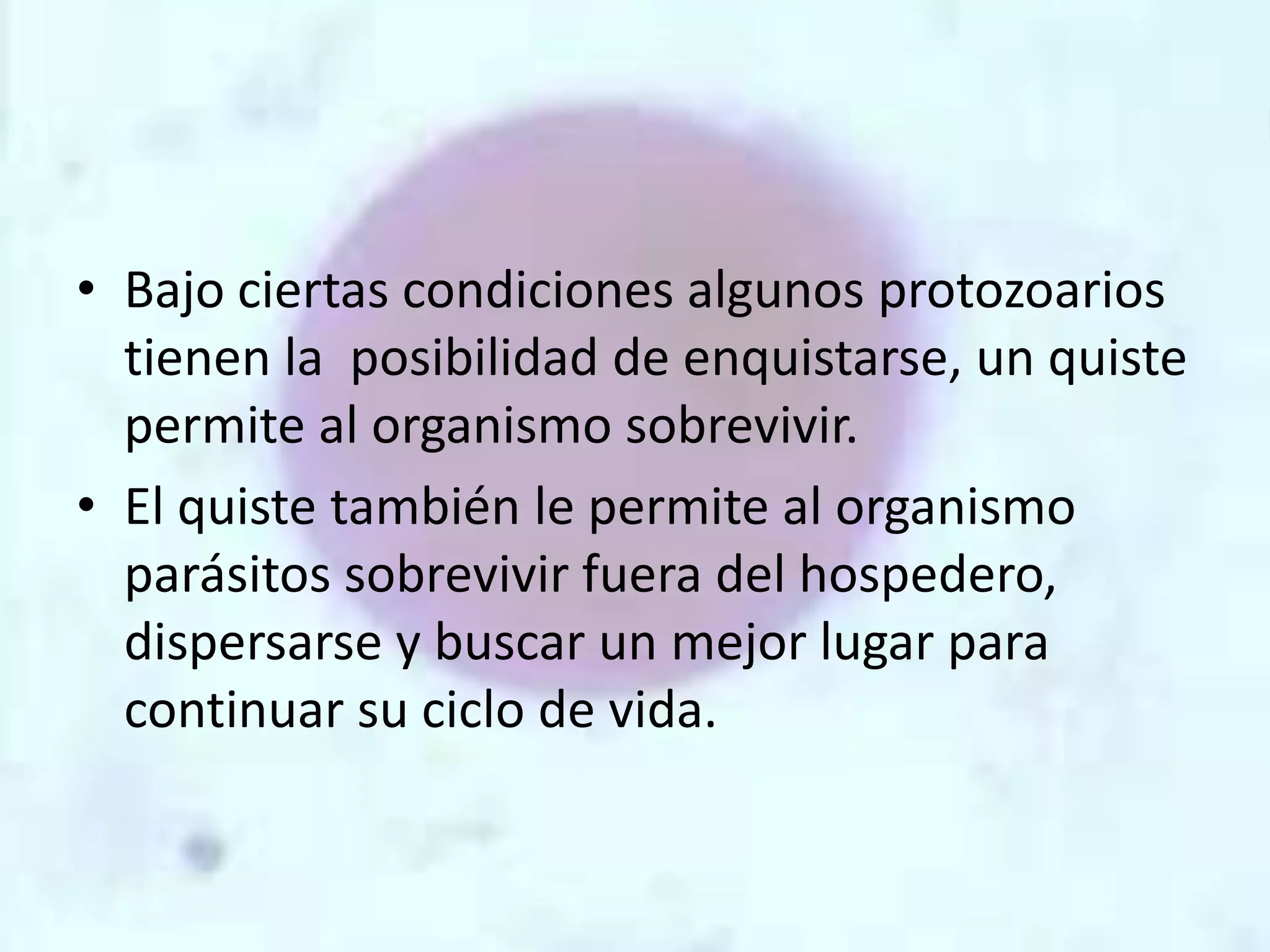 Bajo ciertas condiciones algunos protozoarios tienen la  posibilidad de enquistarse, un quiste permite al organismo sobrevivir.El quiste también le permite al organismo parásitos sobrevivir fuera del hospedero, dispersarse y buscar un mejor lugar para continuar su ciclo de vida.