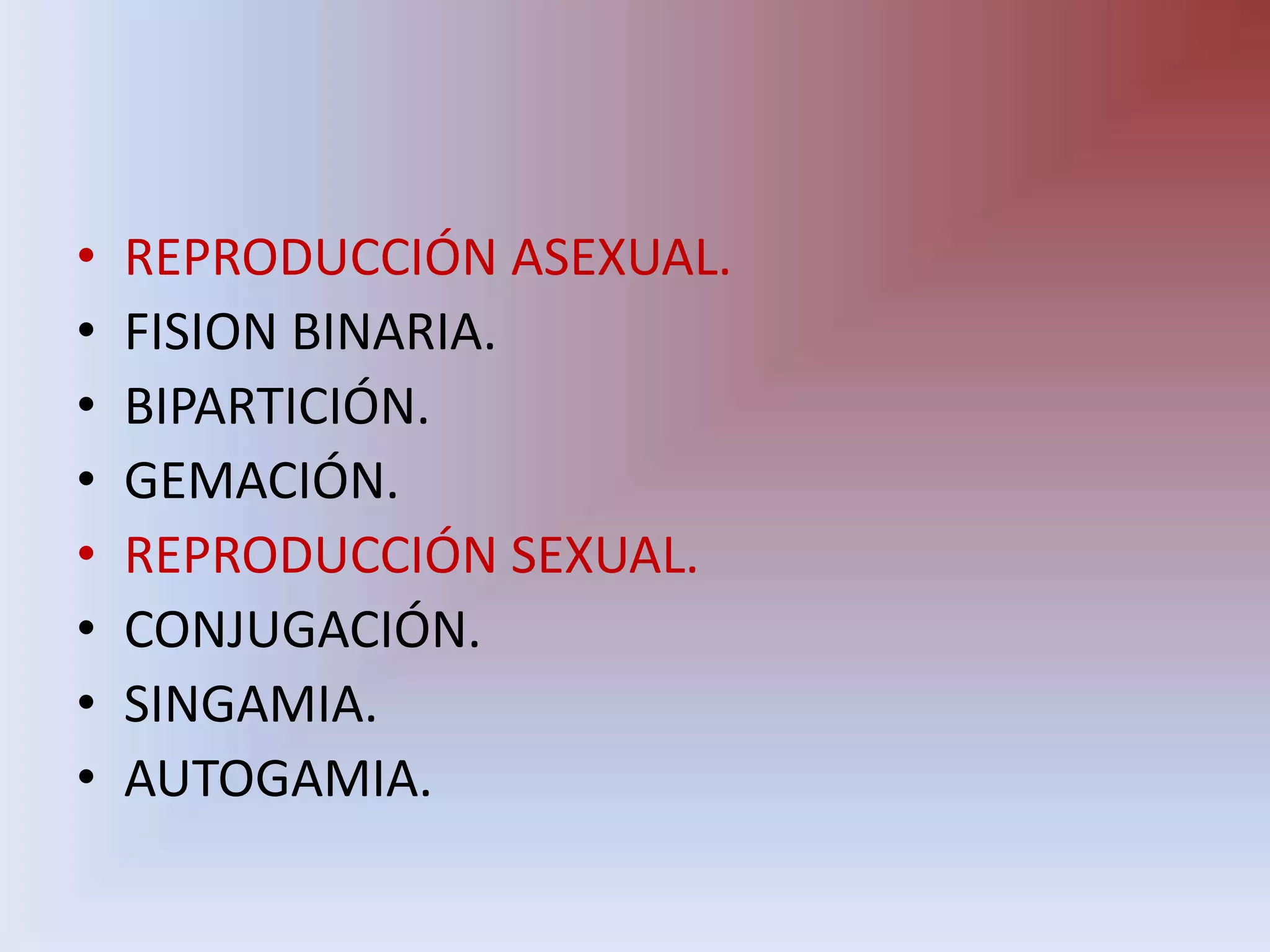 REPRODUCCIÓN ASEXUAL.FISION BINARIA.BIPARTICIÓN.GEMACIÓN.REPRODUCCIÓN SEXUAL.CONJUGACIÓN.SINGAMIA.AUTOGAMIA.