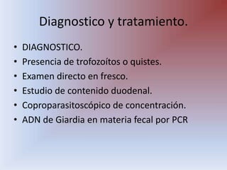 Diagnostico y tratamiento.DIAGNOSTICO.Presencia de trofozoítos o quistes.Examen directo en fresco.Estudio de contenido duodenal.Coproparasitoscópico de concentración.ADN de Giardia en materia fecal por PCR