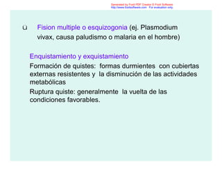 ü Fision multiple o esquizogonia (ej. Plasmodium
vivax, causa paludismo o malaria en el hombre)
Enquistamiento y exquistamiento
Formación de quistes: formas durmientes con cubiertas
externas resistentes y la disminución de las actividades
metabólicas
Ruptura quiste: generalmente la vuelta de las
condiciones favorables.
Generated by Foxit PDF Creator © Foxit Software
http://www.foxitsoftware.com For evaluation only.
 
