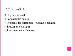 PROFILAXIA Higiene pessoal Saneamento básico Proteção dos alimentos - moscas e baratas Tratamento da água Tratamento dos doentes 