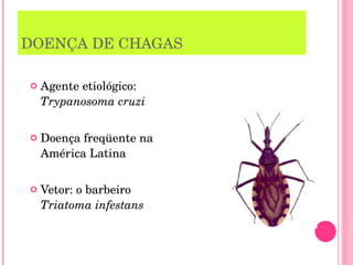 DOENÇA DE CHAGAS Agente etiológico:  Trypanosoma cruzi Doença freqüente na América Latina Vetor: o barbeiro  Triatoma infestans 