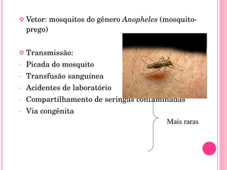 Vetor: mosquitos do gênero  Anopheles  (mosquito-prego) Transmissão:  Picada do mosquito Transfusão sanguínea Acidentes de laboratório Compartilhamento de seringas contaminadas Via congênita Mais raras 