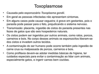 Toxoplasmose
• Causada pelo esporozoário Toxoplasma gondii.
• Em geral as pessoas infectadas não apresentam sintomas.
• Em alguns casos pode causar cegueira; é grave em gestantes, pois o
  parasita pode passar para o feto, prejudicando o sistema nervoso.
• Transmissão: placenta, ingestão de cistos do parasita presentes nas
  fezes de gatos que são seis hospedeiros naturais.
• Os cistos podem ser ingeridos por outros animais, como ratos, porcos,
  carneiros e bois. No corpo desses animais os esporozoítos liberam-se
  dos cistos e invadem outros tecidos.
• A contaminação do ser humano pode ocorre também pela ingestão de
  carne crua ou malpassada de porcos, carneiros e bois.
• Como profilaxia devem-se adotar medidas básicas de higiene, ter
  cuidados especiais para evitar s contaminação ao lidar com animais,
  especialmente gatos, e ingerir carnes bem cozidas.
 