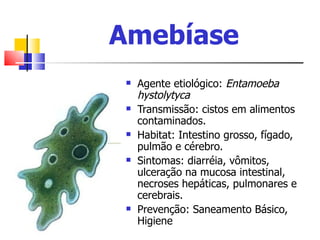 Amebíase
  Agente etiológico: Entamoeba
     hystolytyca
    Transmissão: cistos em alimentos
     contaminados.
    Habitat: Intestino grosso, fígado,
     pulmão e cérebro.
    Sintomas: diarréia, vômitos,
     ulceração na mucosa intestinal,
     necroses hepáticas, pulmonares e
     cerebrais.
    Prevenção: Saneamento Básico,
     Higiene
 