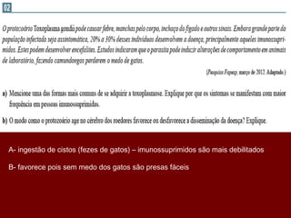 A- ingestão de cistos (fezes de gatos) – imunossuprimidos são mais debilitados

B- favorece pois sem medo dos gatos são presas fáceis
 