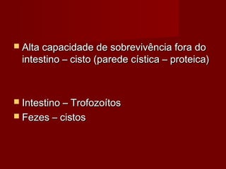  Alta capacidade de sobrevivência fora do
 intestino – cisto (parede cística – proteica)



 Intestino – Trofozoítos
 Fezes – cistos
 