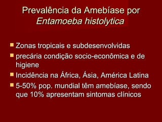 Prevalência da Amebíase por
      Entamoeba histolytica

 Zonas tropicais e subdesenvolvidas
 precária condição socio-econômica e de
  higiene
 Incidência na África, Ásia, América Latina
 5-50% pop. mundial têm amebíase, sendo
  que 10% apresentam sintomas clínicos
 