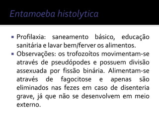    Profilaxia: saneamento básico, educação
    sanitária e lavar bem/ferver os alimentos.
   Observações: os trofozoítos movimentam-se
    através de pseudópodes e possuem divisão
    assexuada por fissão binária. Alimentam-se
    através de fagocitose e apenas são
    eliminados nas fezes em caso de disenteria
    grave, já que não se desenvolvem em meio
    externo.
 