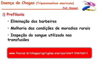 Doença de Chagas      (Tripanossomíase americana)
                                         Prof. Emanuel


i) Profilaxia
   • Eliminação dos barbeiros
   • Melhoria das condições de moradias rurais
   • Inspeção do sangue utilizado nas
   transfusões


   www.fiocruz.br/chagas/cgi/cgilua.exe/sys/start.htm?sid=1
 