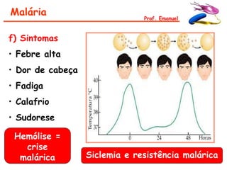 Malária                        Prof. Emanuel



f) Sintomas
• Febre alta
• Dor de cabeça
• Fadiga
• Calafrio
• Sudorese

 Hemólise =
   crise
  malárica        Siclemia e resistência malárica
 