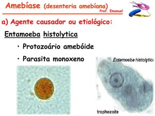 Amebíase   (desenteria amebíana)
                              Prof. Emanuel


a) Agente causador ou etiológico:
Entamoeba histolytica
    • Protozoário amebóide
    • Parasita monoxeno
 