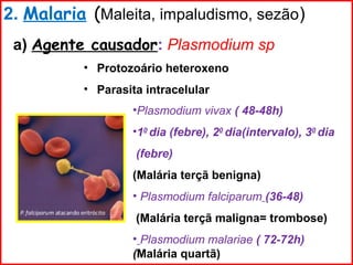 a) Agente causador: Plasmodium sp
• Protozoário heteroxeno
• Parasita intracelular
•Plasmodium vivax ( 48-48h)
•10
dia (febre), 20
dia(intervalo), 30
dia
(febre)
(Malária terçã benigna)
• Plasmodium falciparum (36-48)
(Malária terçã maligna= trombose)
• Plasmodium malariae ( 72-72h)
(Malária quartã)
2. Malaria (Maleita, impaludismo, sezão)
 