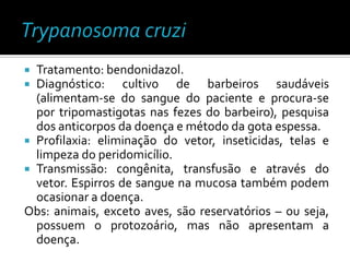  Tratamento: bendonidazol.
 Diagnóstico: cultivo de barbeiros saudáveis
  (alimentam-se do sangue do paciente e procura-se
  por tripomastigotas nas fezes do barbeiro), pesquisa
  dos anticorpos da doença e método da gota espessa.
 Profilaxia: eliminação do vetor, inseticidas, telas e
  limpeza do peridomicílio.
 Transmissão: congênita, transfusão e através do
  vetor. Espirros de sangue na mucosa também podem
  ocasionar a doença.
Obs: animais, exceto aves, são reservatórios – ou seja,
  possuem o protozoário, mas não apresentam a
  doença.
 