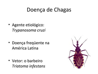 Doença de Chagas

• Agente etiológico:
  Trypanosoma cruzi

• Doença freqüente na
  América Latina

• Vetor: o barbeiro
  Triatoma infestans
 