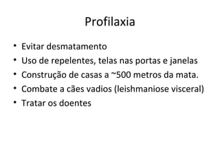 Profilaxia
•   Evitar desmatamento
•   Uso de repelentes, telas nas portas e janelas
•   Construção de casas a ~500 metros da mata.
•   Combate a cães vadios (leishmaniose visceral)
•   Tratar os doentes
 