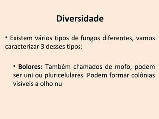 Diversidade 
• Existem vários tipos de fungos diferentes, vamos 
caracterizar 3 desses tipos: 
• Bolores: Também chamados de mofo, podem 
ser uni ou pluricelulares. Podem formar colônias 
visíveis a olho nu 
 