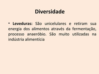 Diversidade 
• Leveduras: São unicelulares e retiram sua 
energia dos alimentos através da fermentação, 
processo anaeróbio. São muito utilizadas na 
indústria alimentícia 
 