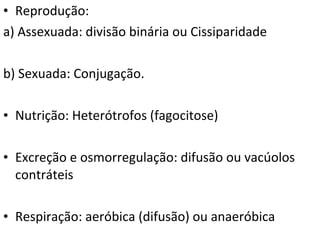 • Reprodução:
a) Assexuada: divisão binária ou Cissiparidade

b) Sexuada: Conjugação.

• Nutrição: Heterótrofos (fagocitose)

• Excreção e osmorregulação: difusão ou vacúolos
  contráteis

• Respiração: aeróbica (difusão) ou anaeróbica
 