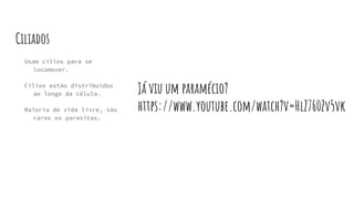 Ciliados
Usam cílios para se
locomover.
Cílios estão distribuídos
ao longo da célula.
Maioria de vida livre, são
raros os parasitas.
Já viu um paramécio?
https://www.youtube.com/watch?v=HlZ760Zv5vk
 