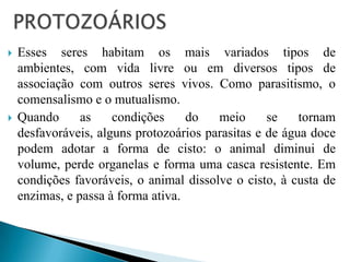  Esses seres habitam os mais variados tipos de
ambientes, com vida livre ou em diversos tipos de
associação com outros seres vivos. Como parasitismo, o
comensalismo e o mutualismo.
 Quando as condições do meio se tornam
desfavoráveis, alguns protozoários parasitas e de água doce
podem adotar a forma de cisto: o animal diminui de
volume, perde organelas e forma uma casca resistente. Em
condições favoráveis, o animal dissolve o cisto, à custa de
enzimas, e passa à forma ativa.
 
