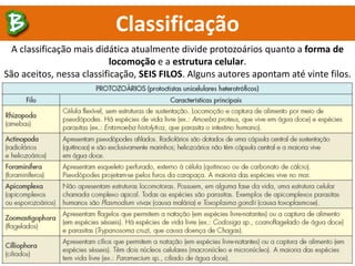 Classificação
A classificação mais didática atualmente divide protozoários quanto a forma de
locomoção e a estrutura celular.
São aceitos, nessa classificação, SEIS FILOS. Alguns autores apontam até vinte filos.
 