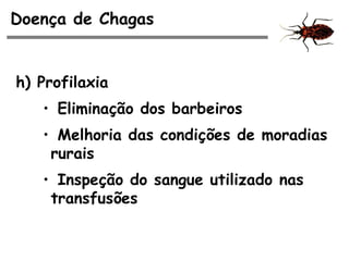 Doença de Chagas
h) Profilaxia
• Eliminação dos barbeiros
• Melhoria das condições de moradias
rurais
• Inspeção do sangue utilizado nas
transfusões
 