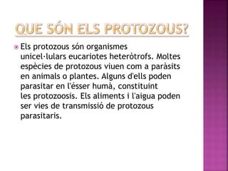  Els protozous són organismes
unicel·lulars eucariotes heteròtrofs. Moltes
espècies de protozous viuen com a paràsits
en animals o plantes. Alguns d'ells poden
parasitar en l'ésser humà, constituint
les protozoosis. Els aliments i l'aigua poden
ser vies de transmissió de protozous
parasitaris.
 