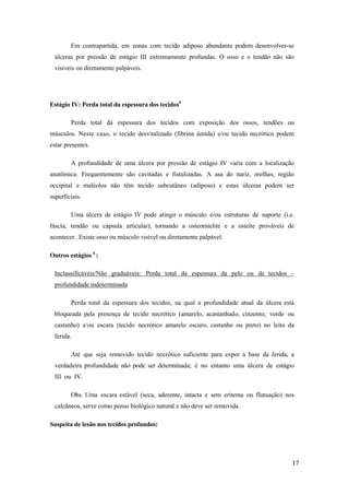 Em contrapartida, em zonas com tecido adiposo abundante podem desenvolver-se 
úlceras por pressão de estágio III extremamente profundas. O osso e o tendão não são 
visíveis ou diretamente palpáveis. 
17 
Estágio IV: Perda total da espessura dos tecidos6 
Perda total da espessura dos tecidos com exposição dos ossos, tendões ou 
músculos. Neste caso, o tecido desvitalizado (fibrina úmida) e/ou tecido necrótico podem 
estar presentes. 
A profundidade de uma úlcera por pressão de estágio IV varia com a localização 
anatômica. Frequentemente são cavitadas e fistulizadas. A asa do nariz, orelhas, região 
occipital e maléolos não têm tecido subcutâneo (adiposo) e estas úlceras podem ser 
superficiais. 
Uma úlcera de estágio IV pode atingir o músculo e/ou estruturas de suporte (i.e. 
fáscia, tendão ou cápsula articular), tornando a osteomielite e a osteíte prováveis de 
acontecer. Existe osso ou músculo visível ou diretamente palpável. 
Outros estágios 6 : 
Inclassificáveis/Não graduáveis: Perda total da espessura da pele ou de tecidos – 
profundidade indeterminada 
Perda total da espessura dos tecidos, na qual a profundidade atual da úlcera está 
bloqueada pela presença de tecido necrótico (amarelo, acastanhado, cinzento, verde ou 
castanho) e/ou escara (tecido necrótico amarelo escuro, castanho ou preto) no leito da 
ferida. 
Até que seja removido tecido necrótico suficiente para expor a base da ferida, a 
verdadeira profundidade não pode ser determinada; é no entanto uma úlcera de estágio 
III ou IV. 
Obs. Uma escara estável (seca, aderente, intacta e sem eritema ou flutuação) nos 
calcâneos, serve como penso biológico natural e não deve ser removida. 
Suspeita de lesão nos tecidos profundos: 
 
