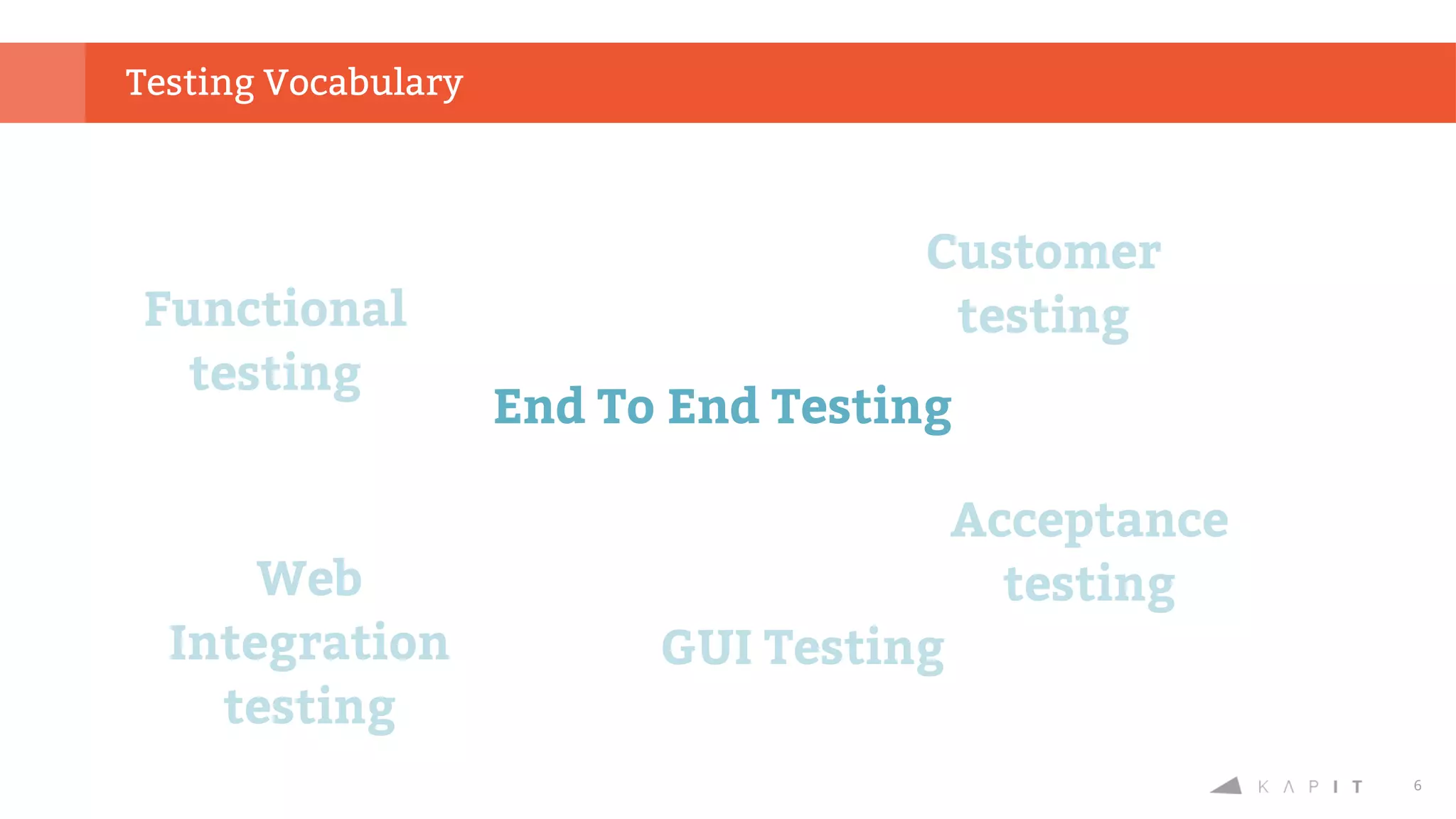 6
End To End Testing
Testing Vocabulary
Functional
testing
Web
Integration
testing
Customer
testing
Acceptance
testing
GUI Testing
 