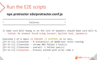 Run the E2E scripts
7
npx protractor e2e/protractor.conf.js
 