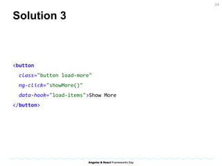 Solution 3
class FiltersFragment {
constructor () {
this.container = $('#filters');
this.label = this.container.$('header');
this.items = this.container.$$('.item');
}
chooseItem(value) {
// ... logic goes here
}
}
24
 