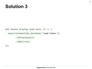 Solution 3
// how to use
var Filters = require('../pages/filters');
describe('Filters Page', () => {
var filters;
beforeEach(() => {
browser.get('/');
filters = new Filters();
});
it('should have 8 filters', () => {
expect(filters.items.count()).toEqual(8);
});
});
25
 