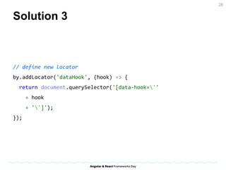 Solution 3
// how to use
var Filters = require('../pages/filters');
describe('Filters Page', () => {
var filters;
beforeEach(() => {
browser.get('/');
filters = new Filters();
});
it('should have 8 filters', () => {
expect(filters.items.count()).toEqual(8);
});
});
26
 