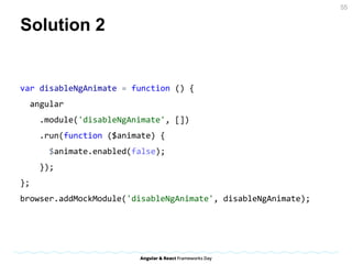 Solution 2
var disableNgAnimate = function () {
angular
.module('disableNgAnimate', [])
.run(function ($animate) {
$animate.enabled(false);
});
};
browser.addMockModule('disableNgAnimate', disableNgAnimate);
55
 