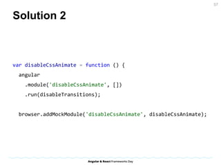 Solution 2
var disableCssAnimate = function () {
angular
.module('disableCssAnimate', [])
.run(disableTransitions);
browser.addMockModule('disableCssAnimate', disableCssAnimate);
57
 