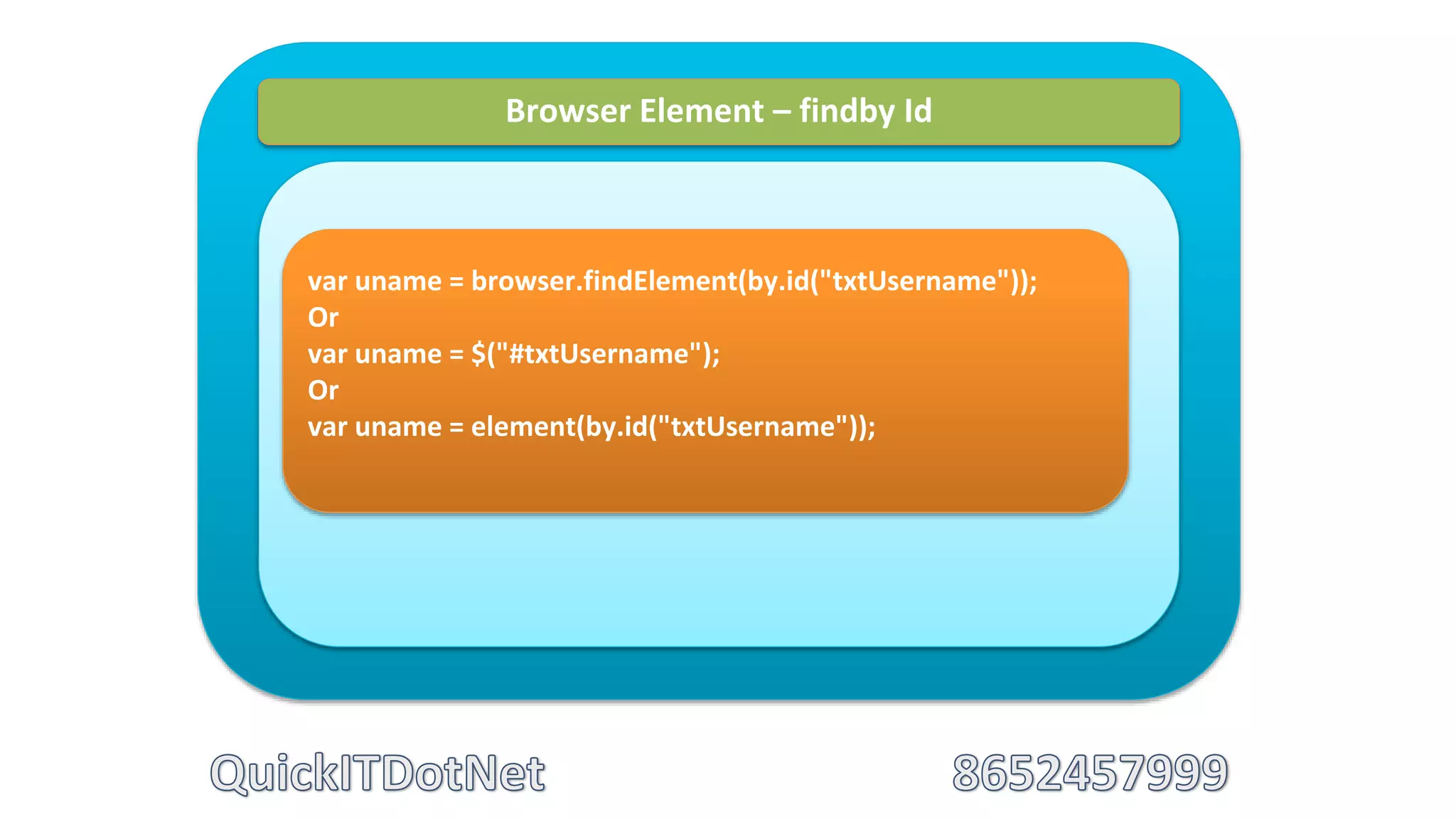 Browser Element – findby Id
var uname = browser.findElement(by.id("txtUsername"));
Or
var uname = $("#txtUsername");
Or
var uname = element(by.id("txtUsername"));
 