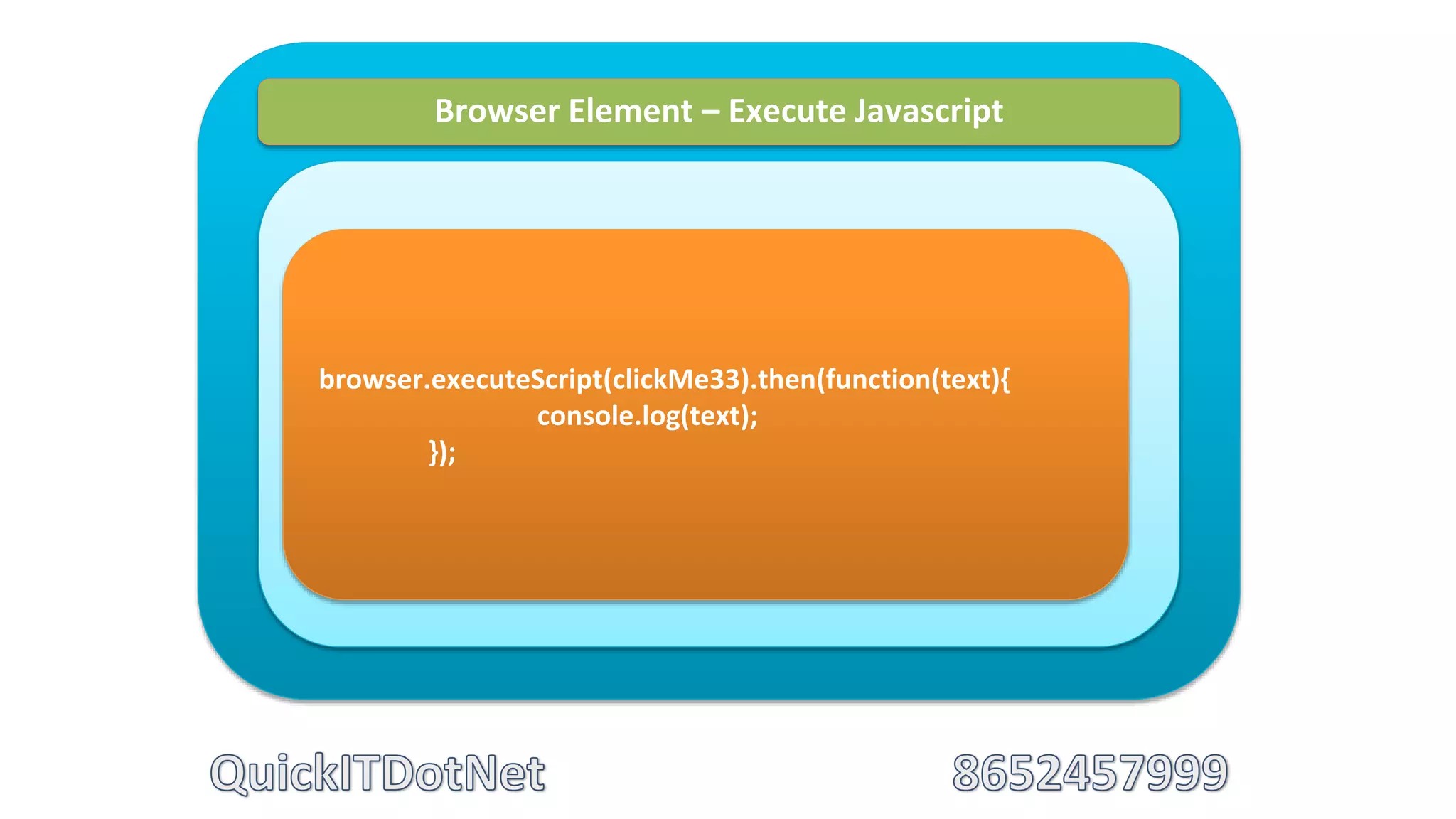 Browser Element – Execute Javascript
browser.executeScript(clickMe33).then(function(text){
console.log(text);
});
 
