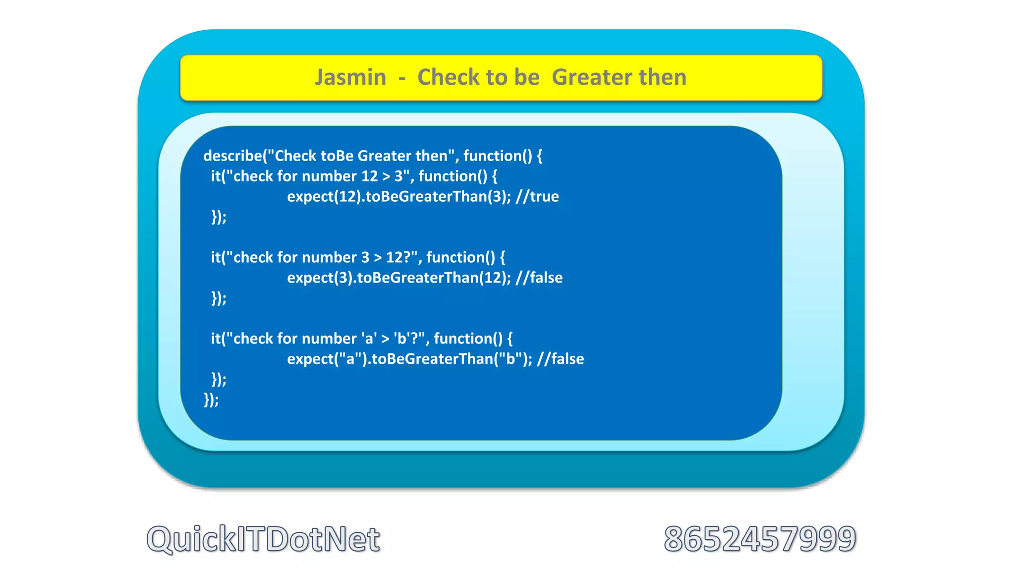 describe("Check toBe Greater then", function() {
it("check for number 12 > 3", function() {
expect(12).toBeGreaterThan(3); //true
});
it("check for number 3 > 12?", function() {
expect(3).toBeGreaterThan(12); //false
});
it("check for number 'a' > 'b'?", function() {
expect("a").toBeGreaterThan("b"); //false
});
});
Jasmin - Check to be Greater then
 
