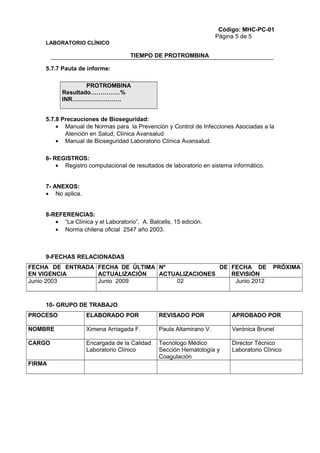 Código: MHC-PC-01
Página 5 de 5
LABORATORIO CLÍNICO
TIEMPO DE PROTROMBINA
5.7.7 Pauta de informe:
PROTROMBINA
Resultado……………%
INR…………………….
5.7.8 Precauciones de Bioseguridad:
• Manual de Normas para la Prevención y Control de Infecciones Asociadas a la
Atención en Salud; Clínica Avansalud
• Manual de Bioseguridad Laboratorio Clínica Avansalud.
6- REGISTROS:
• Registro computacional de resultados de laboratorio en sistema informático.
7- ANEXOS:
• No aplica.
8-REFERENCIAS:
• “La Clínica y el Laboratorio”, A. Balcells, 15 edición.
• Norma chilena oficial 2547 año 2003.
9-FECHAS RELACIONADAS
FECHA DE ENTRADA
EN VIGENCIA
FECHA DE ÚLTIMA
ACTUALIZACIÓN
Nº DE
ACTUALIZACIONES
FECHA DE PRÓXIMA
REVISIÓN
Junio 2003 Junio 2009 02 Junio 2012
10- GRUPO DE TRABAJO
PROCESO ELABORADO POR REVISADO POR APROBADO POR
NOMBRE Ximena Arriagada F. Paula Altamirano V. Verónica Brunel
CARGO Encargada de la Calidad
Laboratorio Clínico
Tecnólogo Médico
Sección Hematología y
Coagulación
Director Técnico
Laboratorio Clínico
FIRMA
 